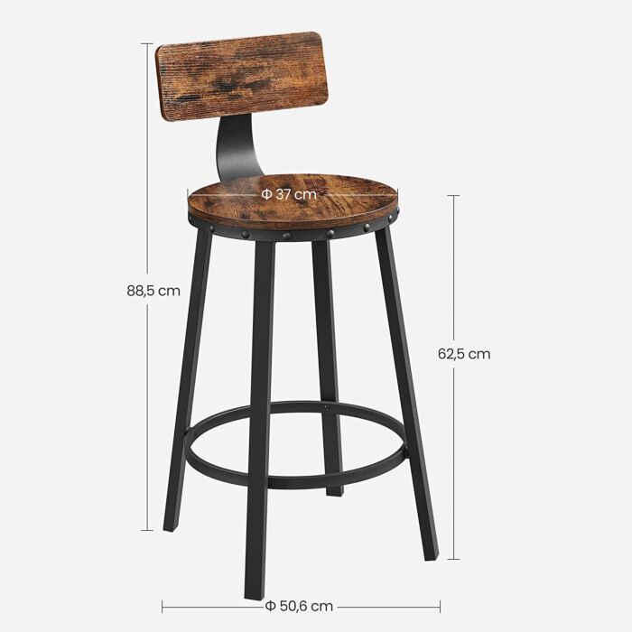 Hoppa! Songmics Barkruk, set van 2, barkrukken, keukenstoelen met metalen frame, zithoogte 62,5 cm, eenvoudige montage, industrieel ontwerp, vintage bruin-zwart