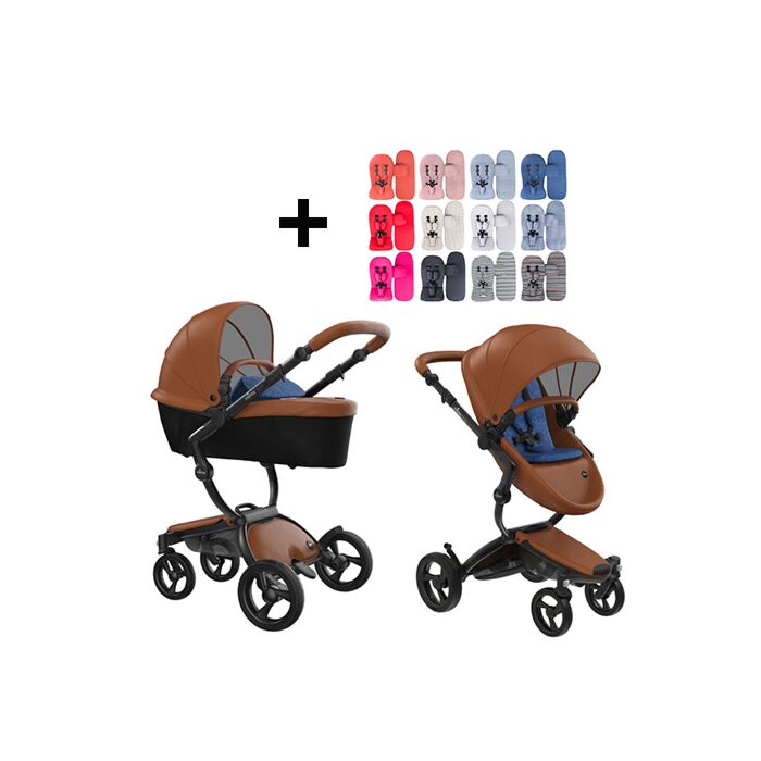 Mima Xari Kinderwagen | Frame - Black | Zitting + Kap - Camel | Starter Pack - Denim Blue - Babyhuys.com