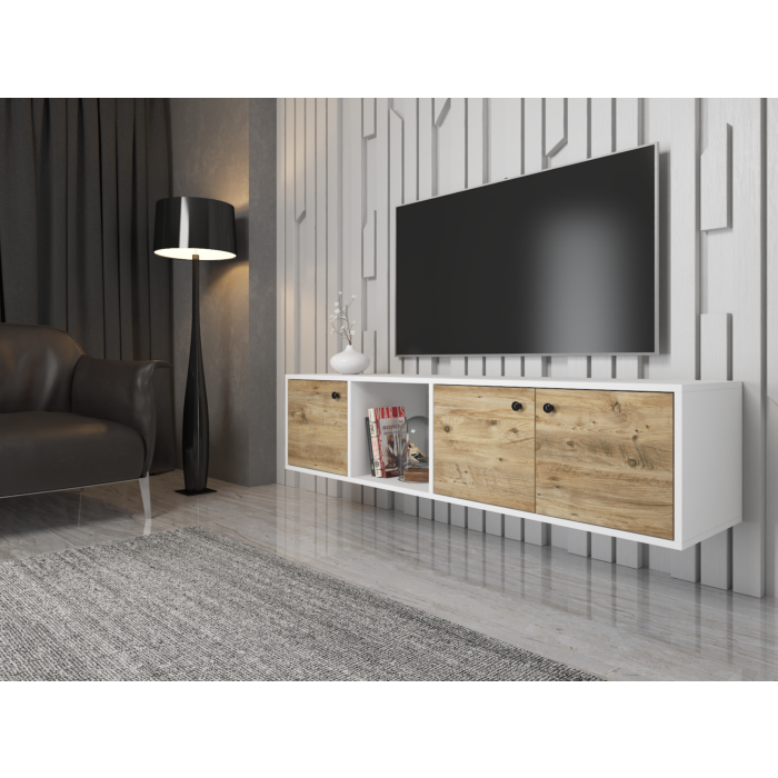 Hoppa! Hira TV Kast - TV Meubel 160 cm - Atlantic Pine White/Black | Wohi.nl