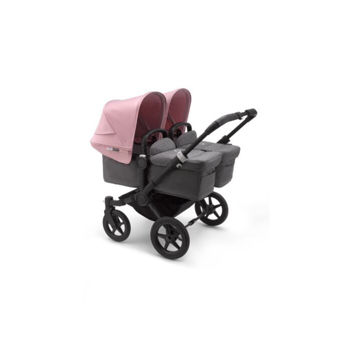 Bugaboo Donkey3 Twin Kinderwagen | Zwart Frame | Grijze Reiswiegen | Roze Zonnekappen