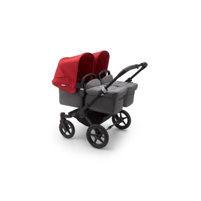 Bugaboo Donkey3 Twin Kinderwagen | Zwart Frame | Grijze Reiswiegen | Rode Zonnekappen