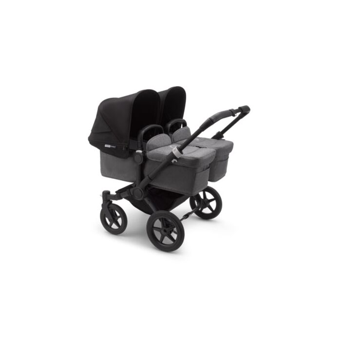 Bugaboo Donkey3 Twin Kinderwagen | Zwart Frame | Grijze Reiswiegen | Zwarte Zonnekappen