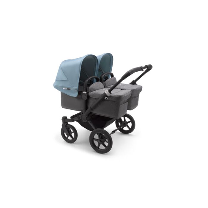 Bugaboo Donkey3 Twin Kinderwagen | Zwart Frame | Grijze Reiswiegen | Vapor Blue Zonnekappen