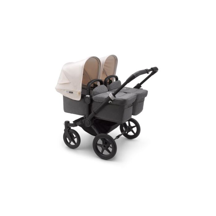 Bugaboo Donkey3 Twin Kinderwagen | Zwart Frame | Grijze Reiswiegen | Helder Wit Zonnekappen